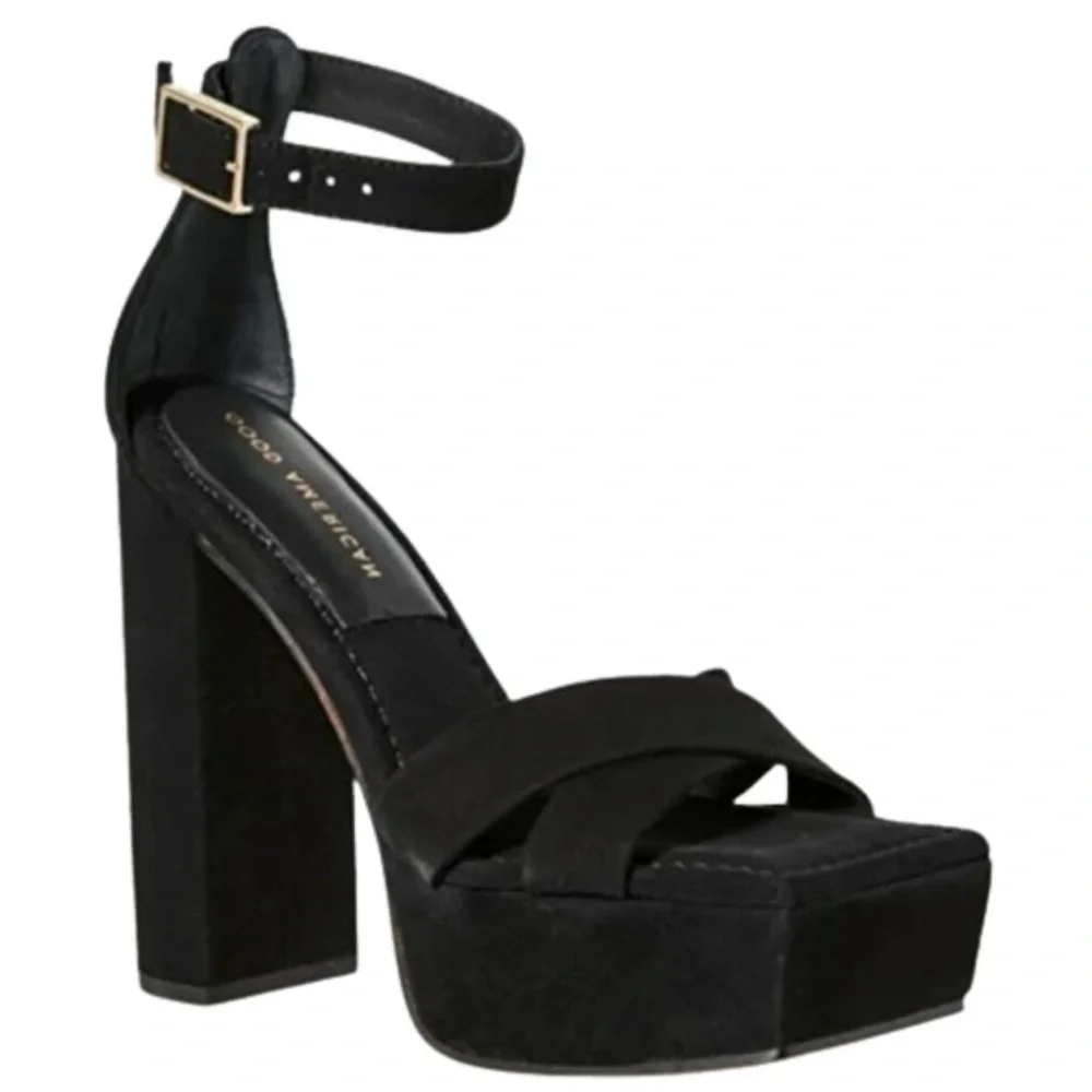 Good American Square Toe Chunky Heel Strappy Platform in Black Suede
